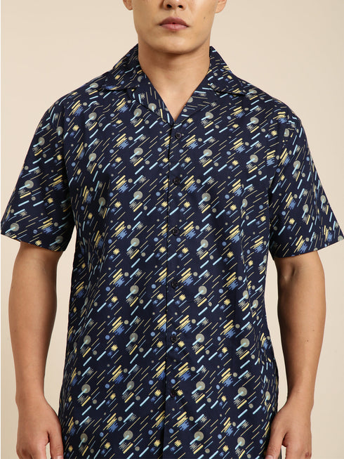 Navy Blue Printed Short Sleeves Shirt